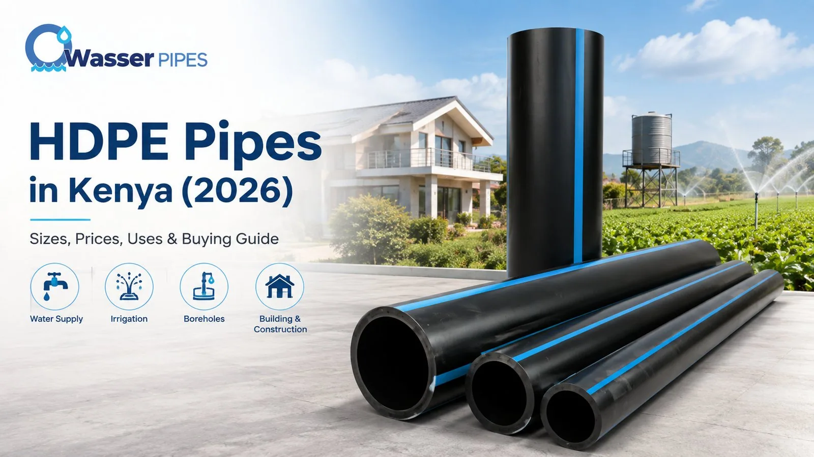 Black Wasser HDPE pipes with a blue stripe stacked in front of a house, a raised water tank and an irrigated field in Kenya.