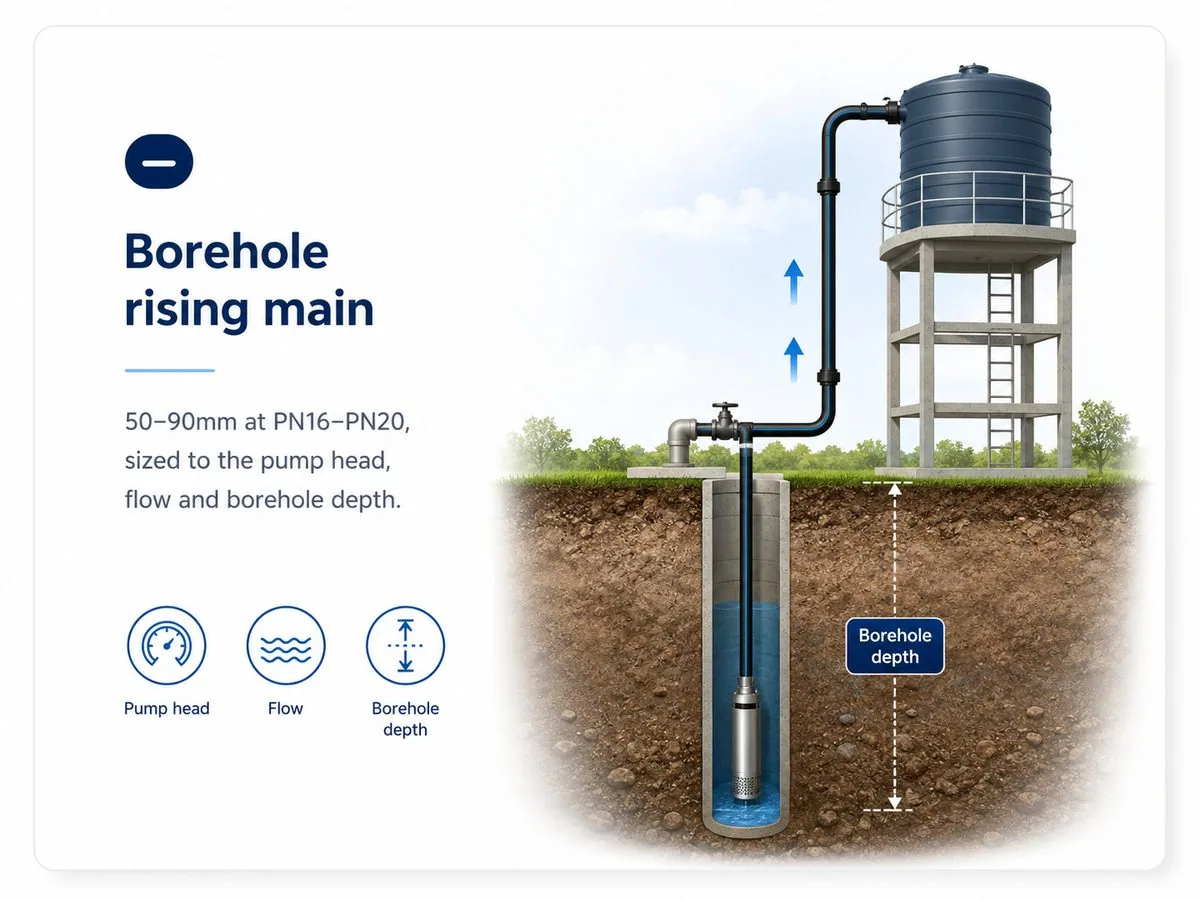 Borehole rising main: 50mm to 90mm pipe at PN16 to PN20, sized to the pump head and borehole depth.