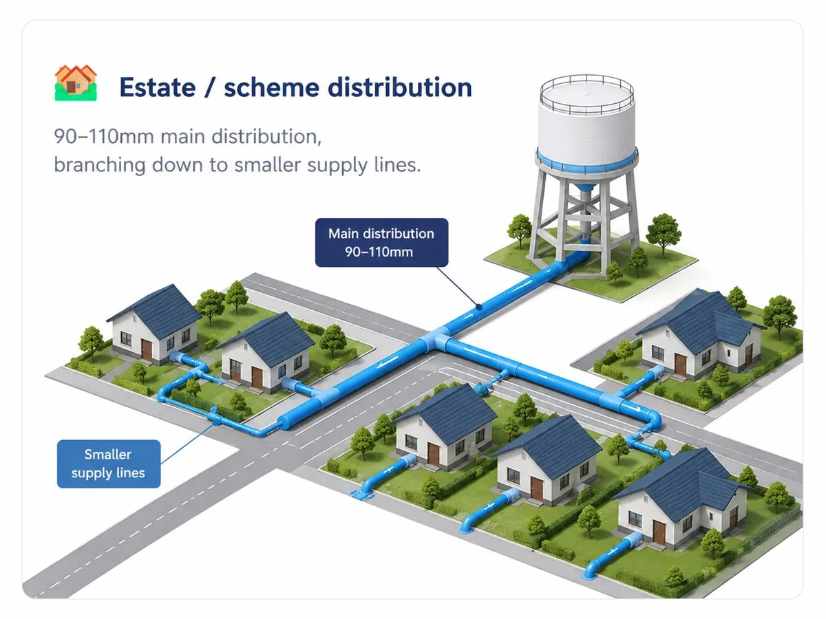 Estate scheme distribution: a 90mm to 110mm main branching into smaller supply lines.