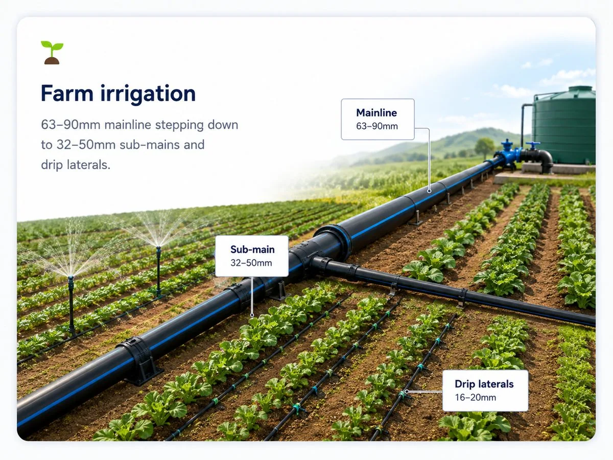 Farm irrigation: a 63mm to 90mm mainline stepping down to 32mm–50mm sub-mains and then to drip laterals.