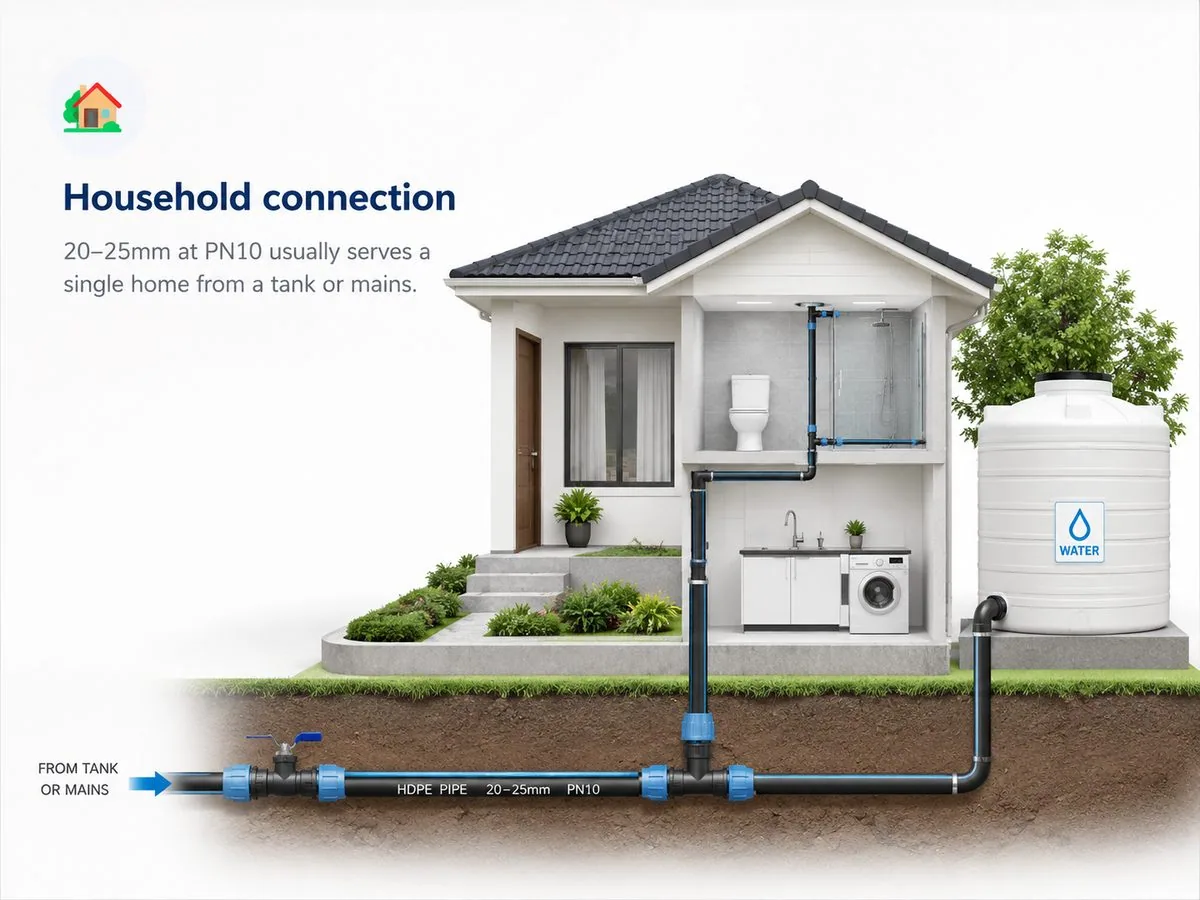 Household connection: 20mm to 25mm pipe at PN10 for a single home water supply.
