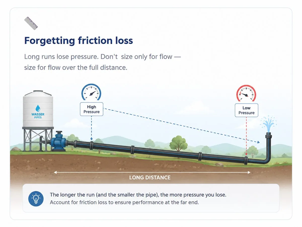 Mistake three, forgetting friction loss: long runs lose pressure, so size for the flow you need over the full distance.