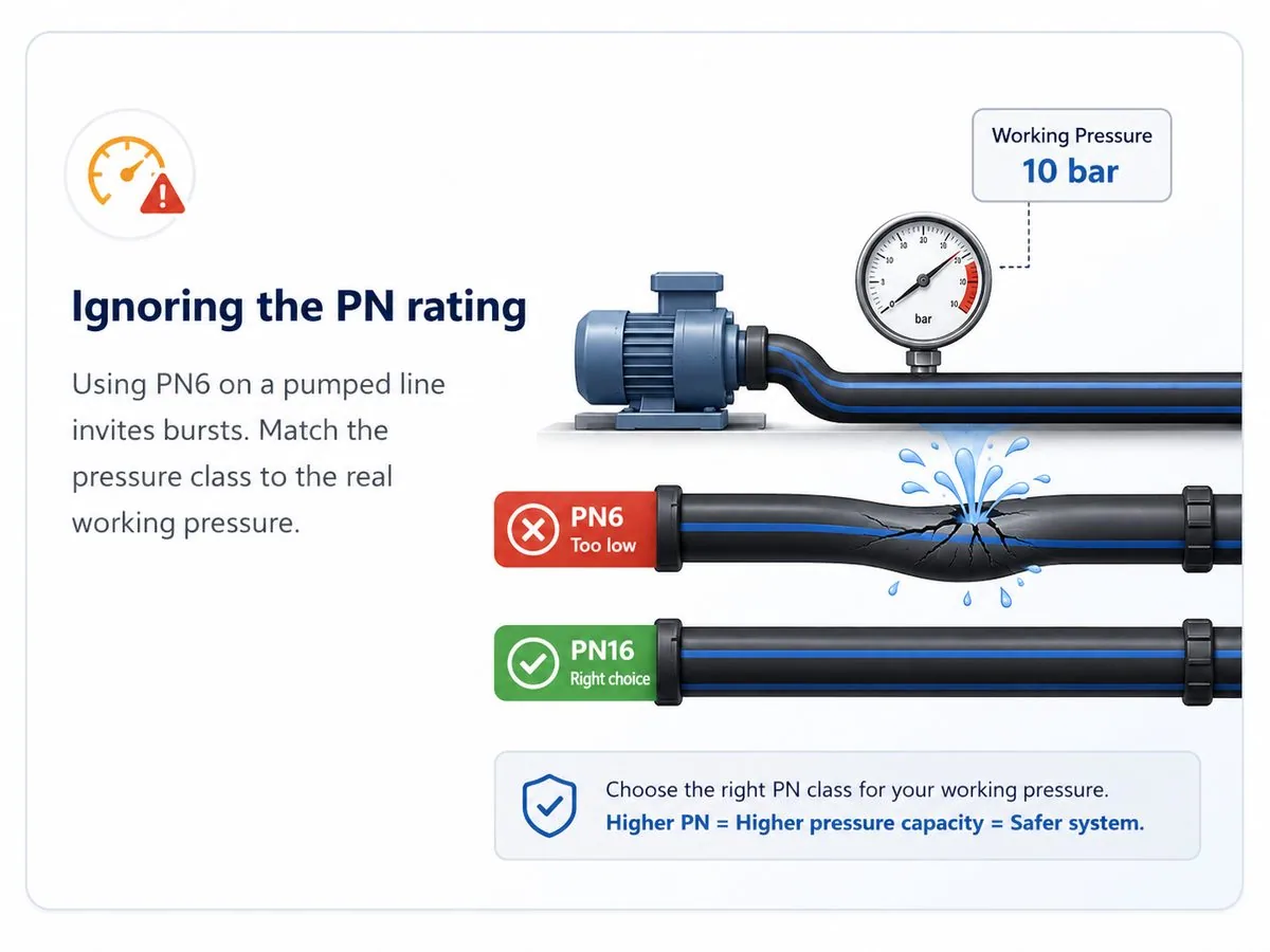 Mistake two, ignoring the PN rating: putting PN6 pipe on a pumped line invites a burst.