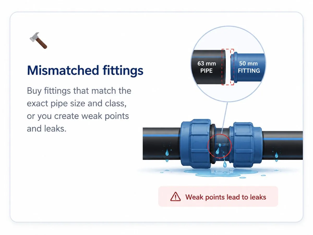 Mistake four, mismatched fittings: buy fittings that match the exact pipe size and pressure class.