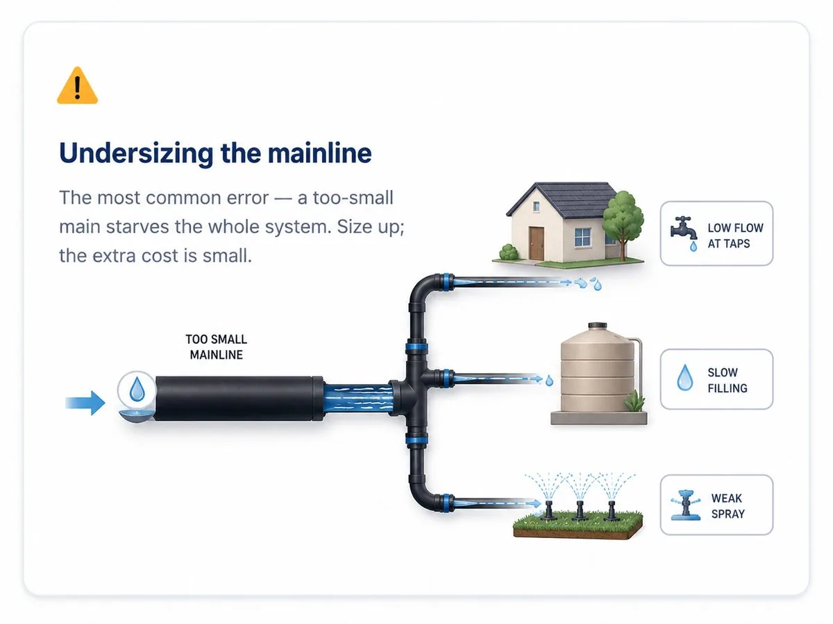 Mistake one, undersizing the mainline: a main that is too small starves everything downstream of it.