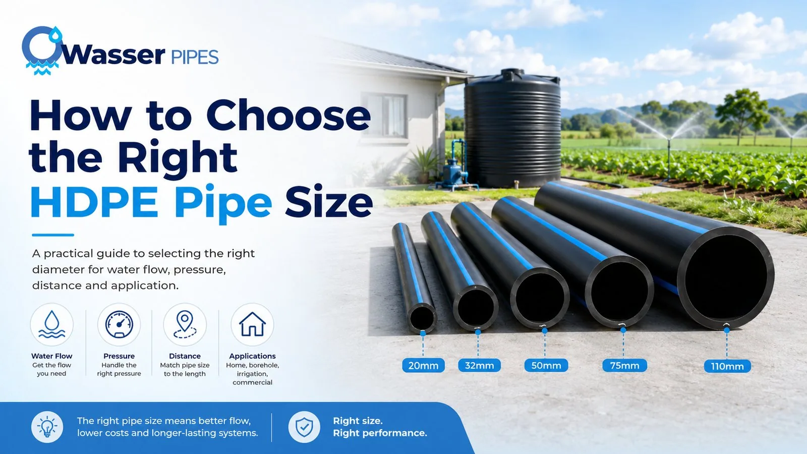 A row of Wasser HDPE pipes from 20mm to 110mm alongside the four factors that decide pipe size: flow, pressure, distance and application.