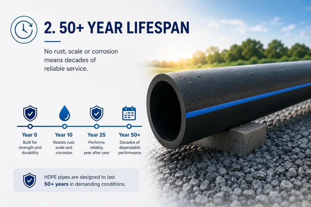 A 50-year-plus lifespan: no rust, scale or corrosion means decades of reliable service.