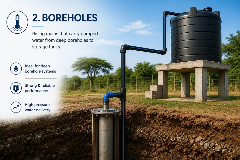 Boreholes: rising mains that carry pumped water from deep boreholes up to storage tanks.
