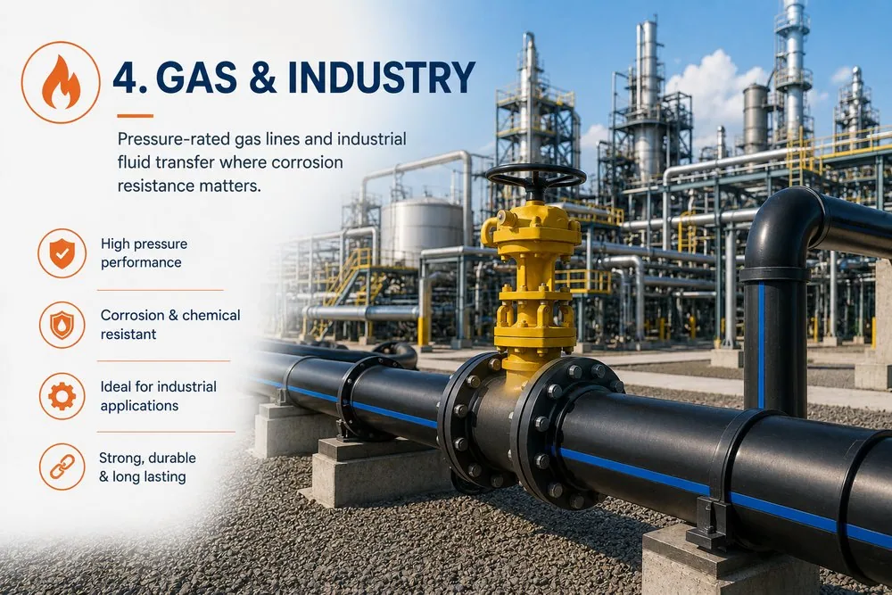 Gas and industry: pressure-rated gas lines and industrial fluid transfer where corrosion resistance matters.