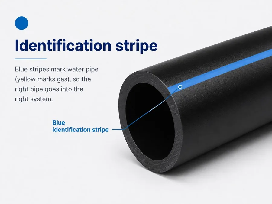 Identification stripe: blue stripes mark a water pipe and yellow marks gas, so the right pipe goes into the right system.