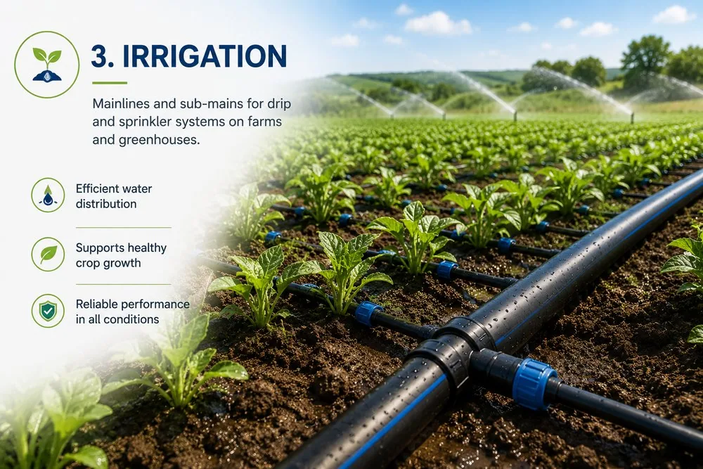 Irrigation: mainlines and sub-mains feeding drip and sprinkler systems on farms and in greenhouses.