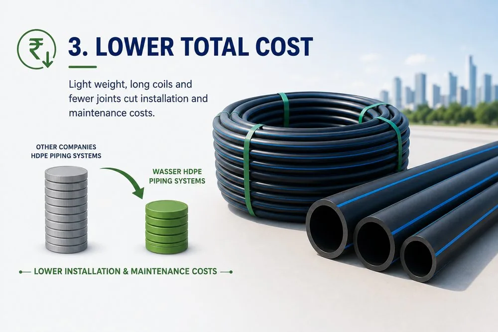 Lower total cost: light weight, long coils and fewer joints cut both installation and maintenance costs.