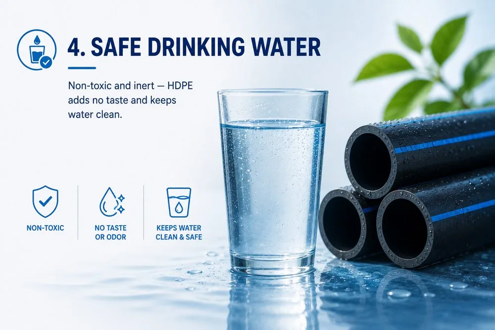 Safe for drinking water: HDPE is non-toxic and inert, so it adds no taste and keeps water clean.