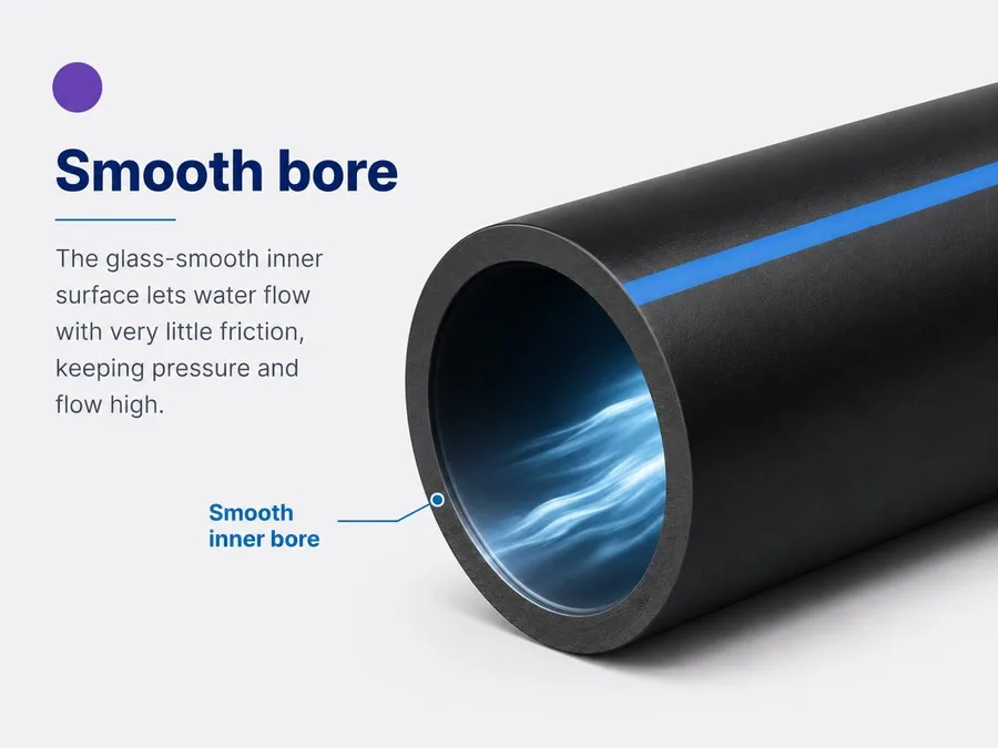 Smooth bore: the glass-smooth inner surface lets water flow with little friction, keeping pressure and flow high.