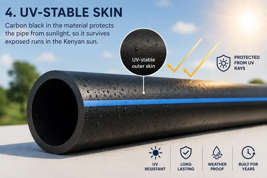 UV-stable skin: carbon black in the HDPE material protects the pipe from sunlight, so it survives exposed runs in the Kenyan sun.