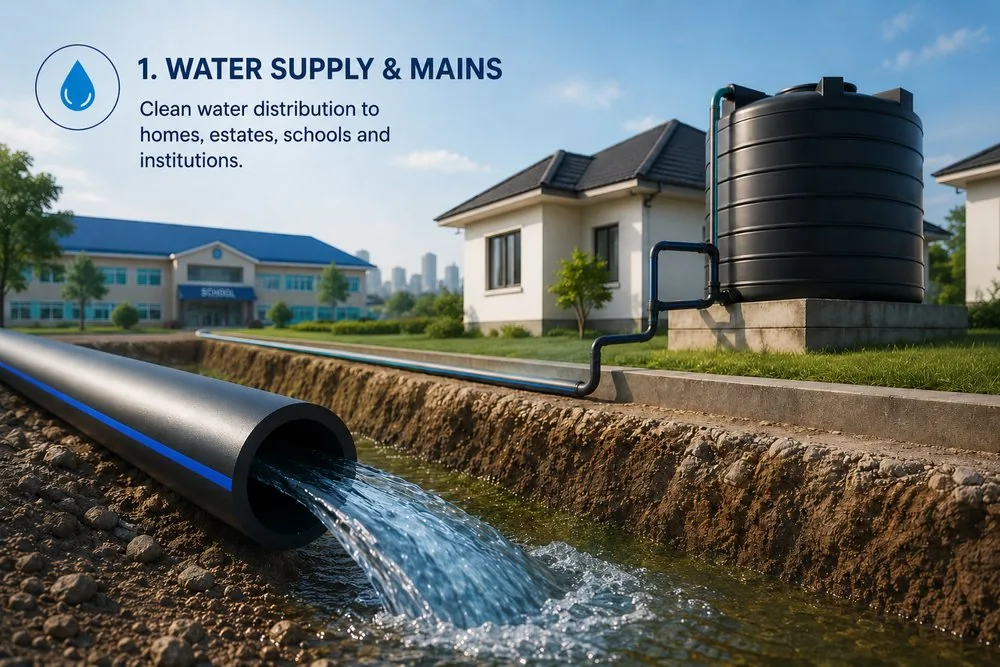 Water supply and mains: clean water distribution to homes, estates, schools and institutions.