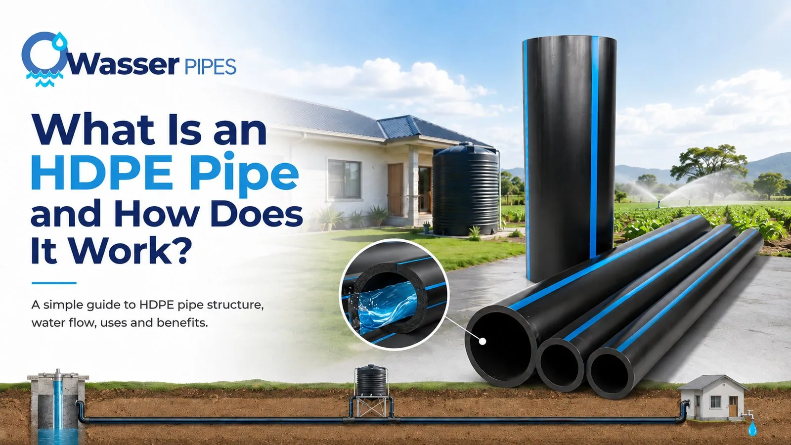 Cutaway of an HDPE pipe showing water flowing through the smooth bore, next to a borehole-to-home water system.