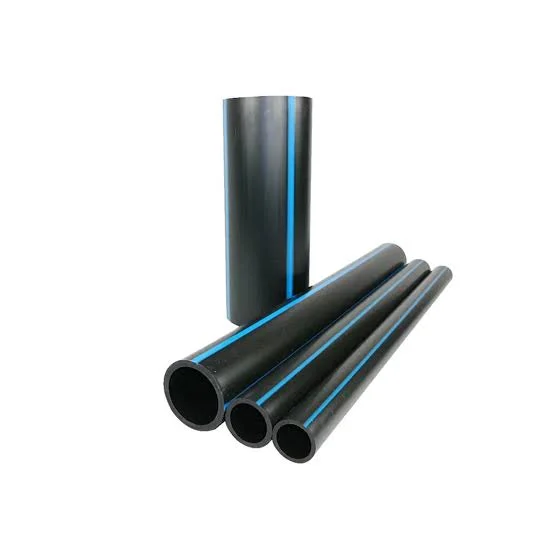 Black Wasser HDPE pipes with blue stripes for infrastructure water mains
