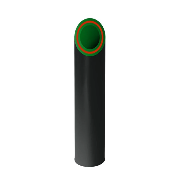 Wasser PP-R UV Composite pipe showing black UV-stabilised outer layer, maroon composite layer and green inner layer