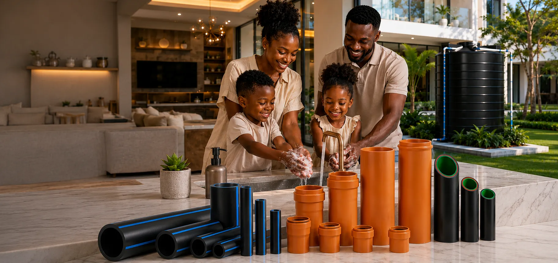 A Kenyan family washing their hands at a running tap at home, with Wasser HDPE, PVC-U and PP-R pipes in the foreground and a water storage tank in the garden