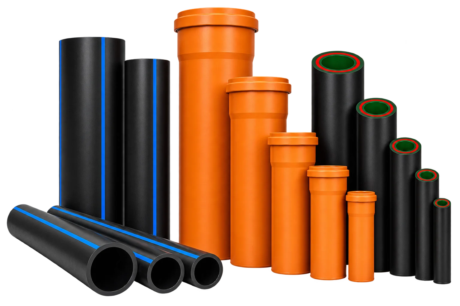 The Wasser Pipes range shown together: black HDPE pipes with blue stripes, golden brown PVC-U SWR drainage pipes with sockets, and black PP-R UV composite pipes with green inner layers, in a spread of sizes